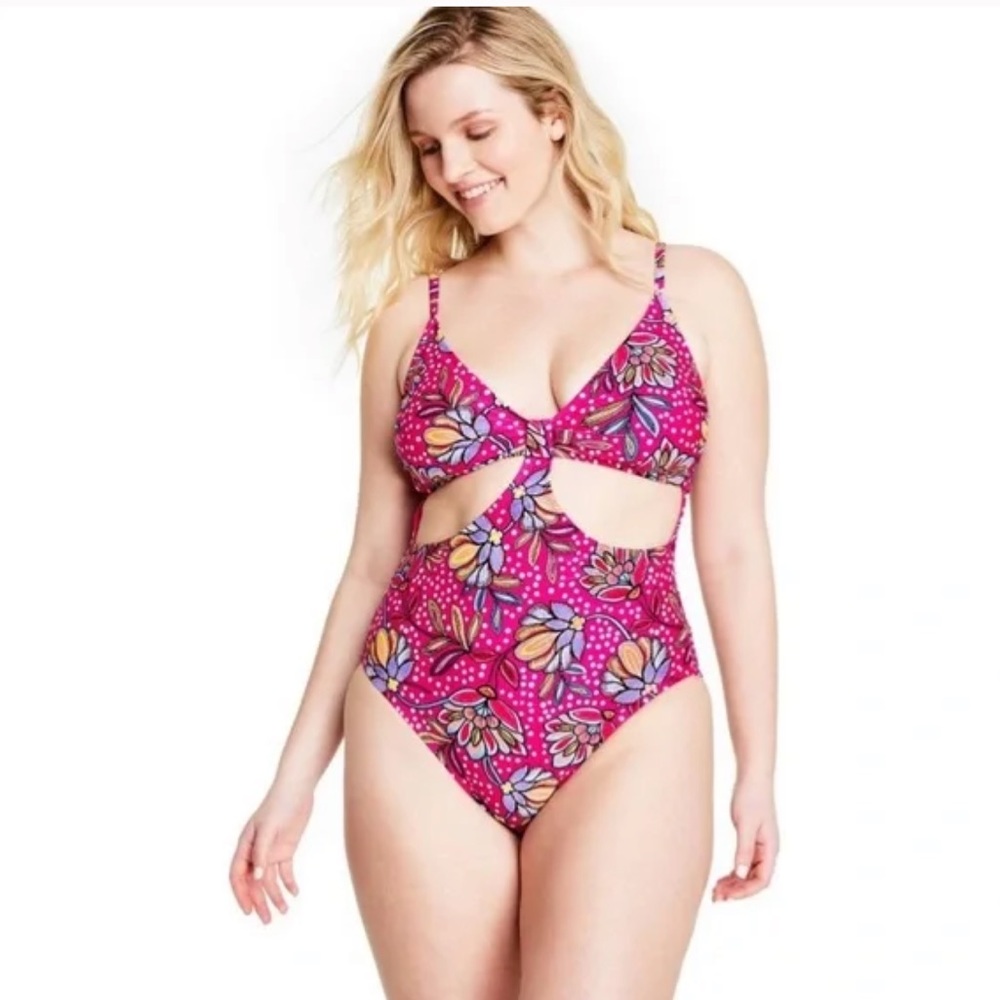 NWOT Tabatha Brown for Target Floral Print One Piece Swimsuit w/ Front Cut Out.